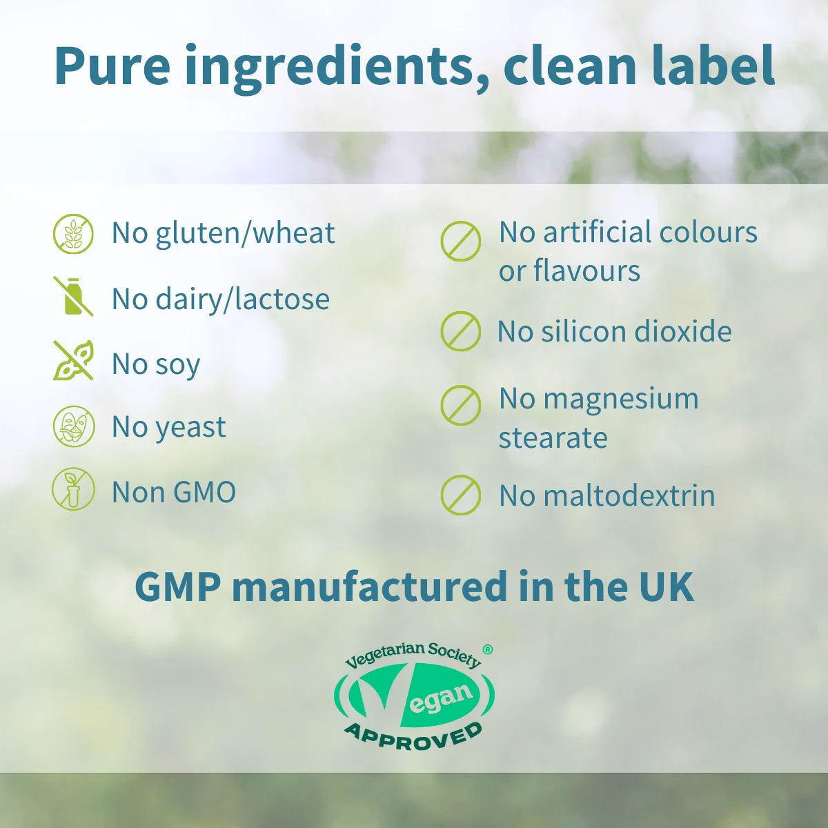 Ingredients benefits, no gluten, no dairy, no soy, no yeast, non gmo, no artificialcoklours or flavours, nosilicon dioxide, no magnesium stearate,no maltodextrin