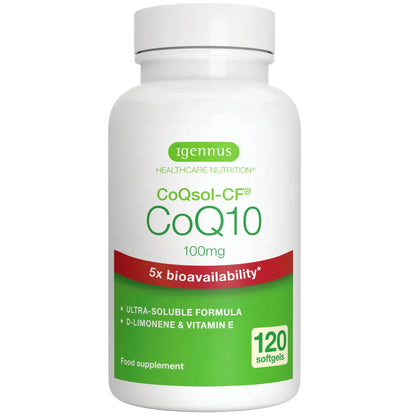 Supplement bottle labeled 'CoQ10' with green and red text on a white background