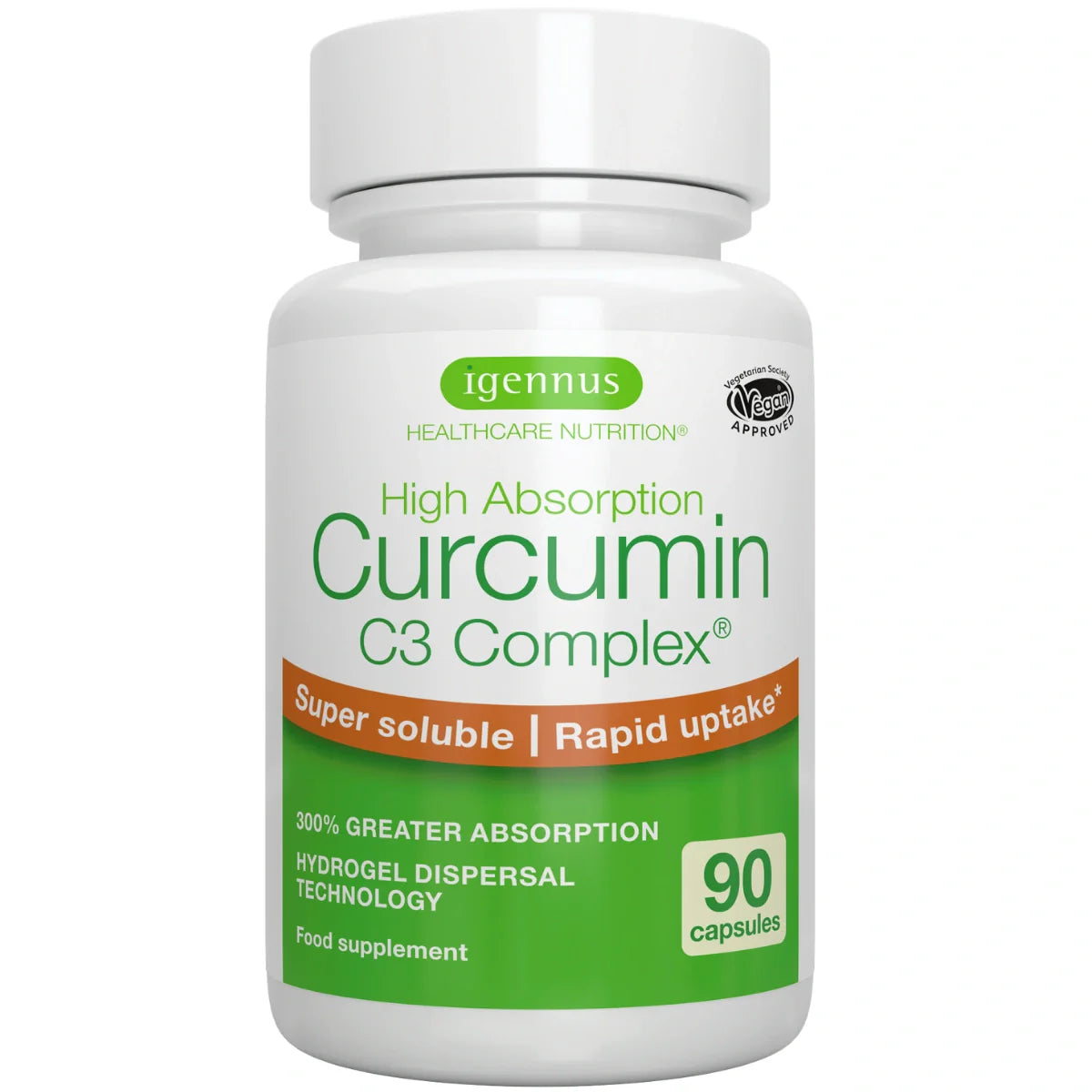 Supplement bottle labeled 'High Absorption Curcumin C3 Complex' by igennus on a white background