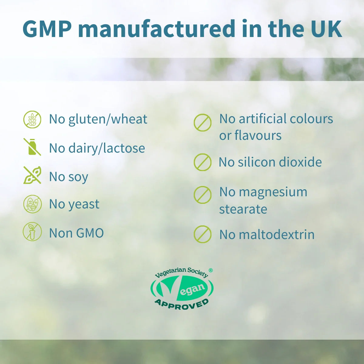 List of allergen-free and certification details on a blurred natural background