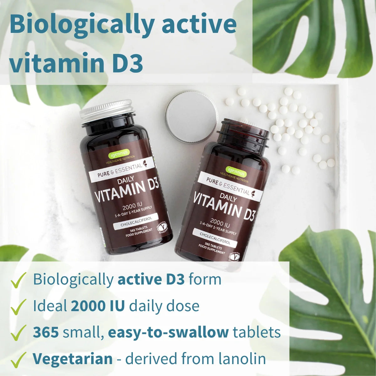 Two bottles of Daily Vitamin D3 with green leaves in the background