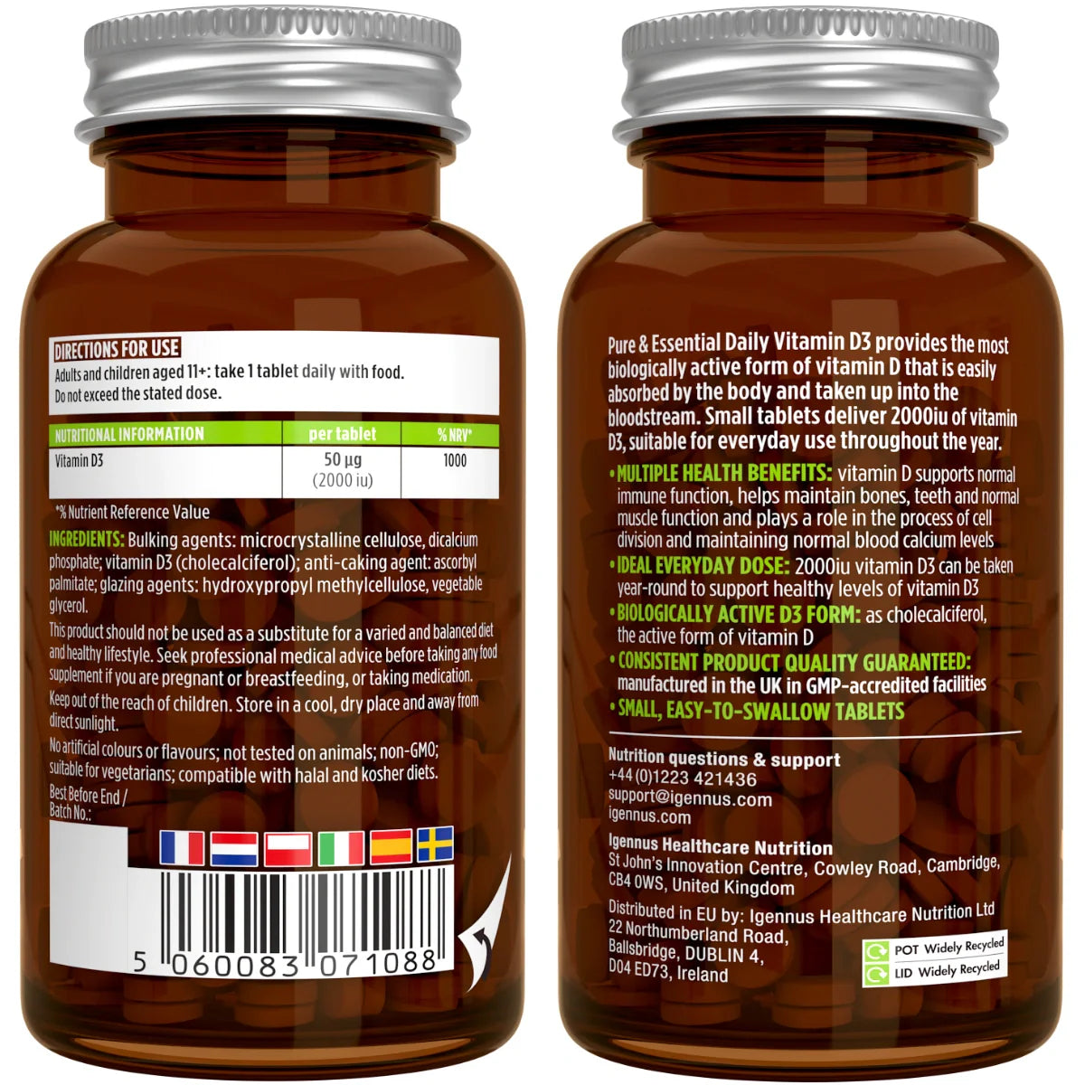 Two brown supplement bottles with labels on a white background