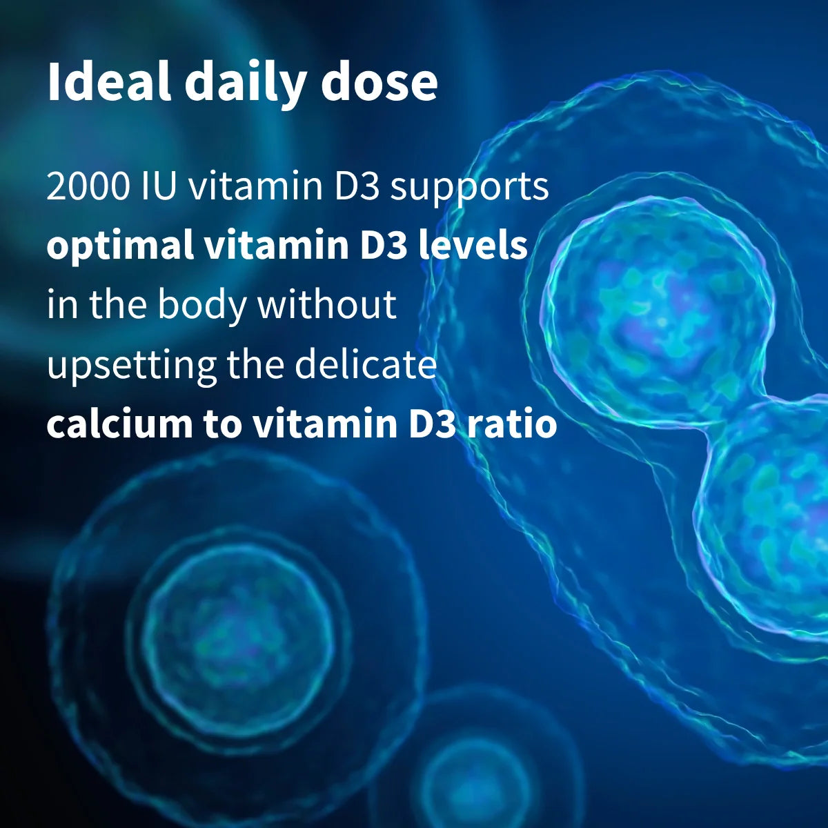 Vitamin D3 cells with text about ideal daily dose on a blue background