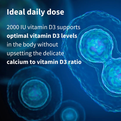 Vitamin D3 cells with text about ideal daily dose on a blue background