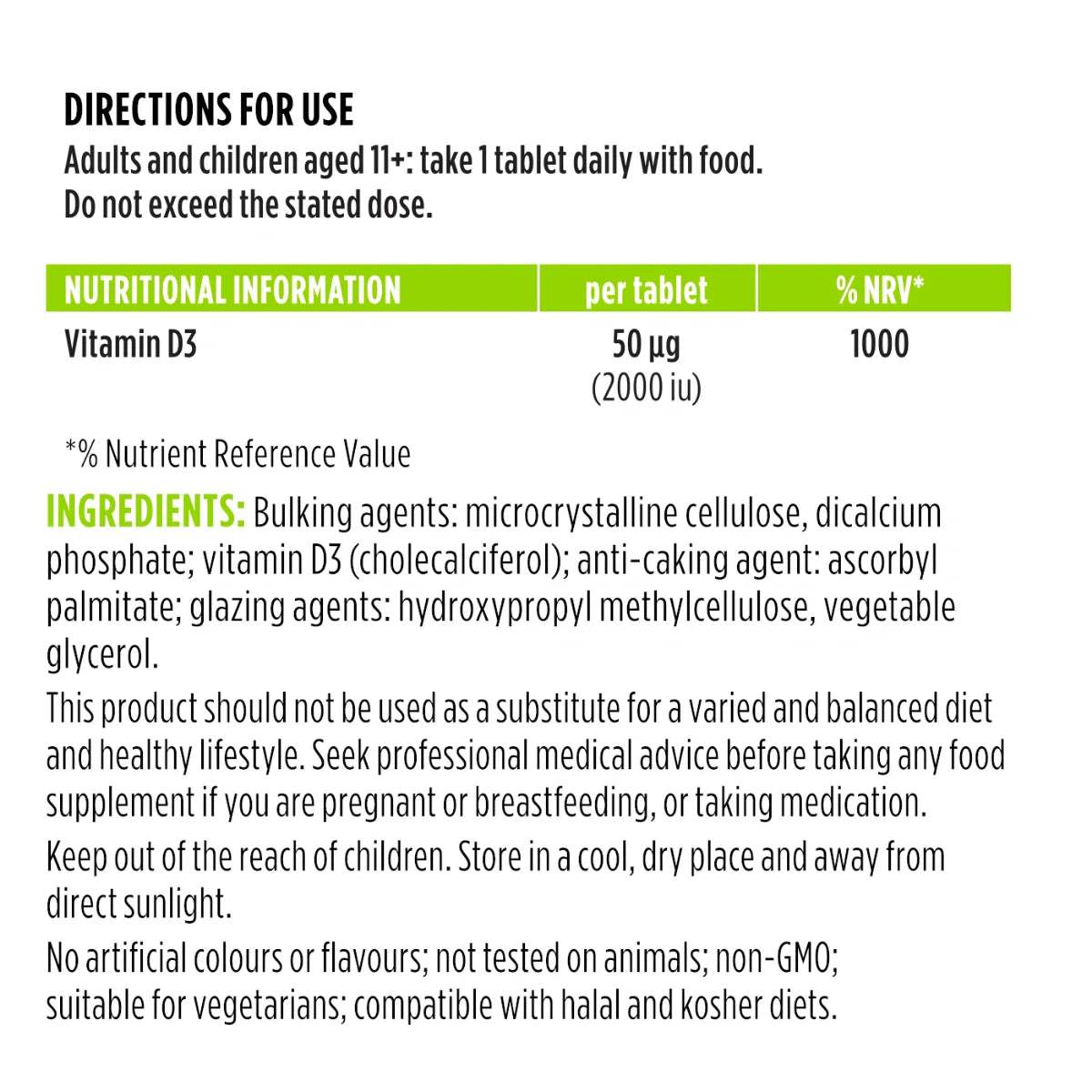 Nutritional information and directions for use of a Vitamin D3 supplement on a white background.