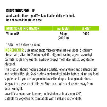 Nutritional information and directions for use of a Vitamin D3 supplement on a white background.