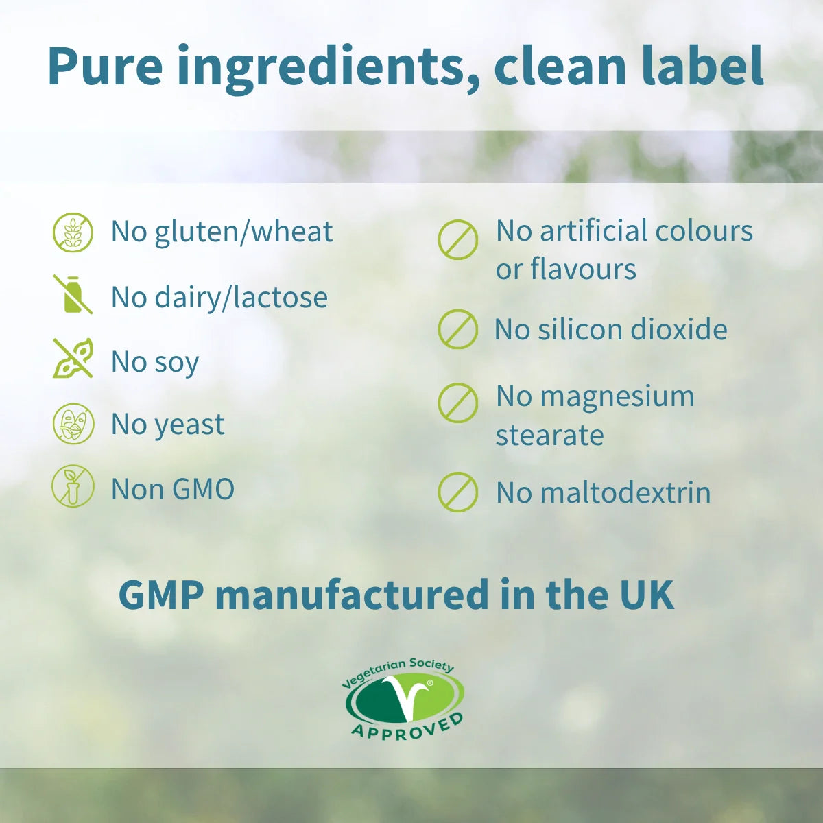 List of pure ingredients and manufacturing details on a green background with a Vegetarian Society logo.