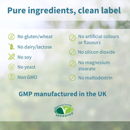List of pure ingredients and manufacturing details on a green background with a Vegetarian Society logo.