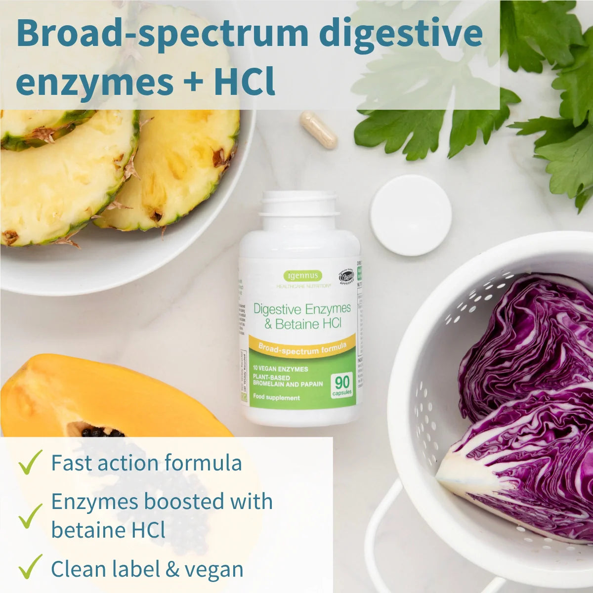 Digestive enzymes supplement bottle with pineapple, cabbage, and parsley on a white background