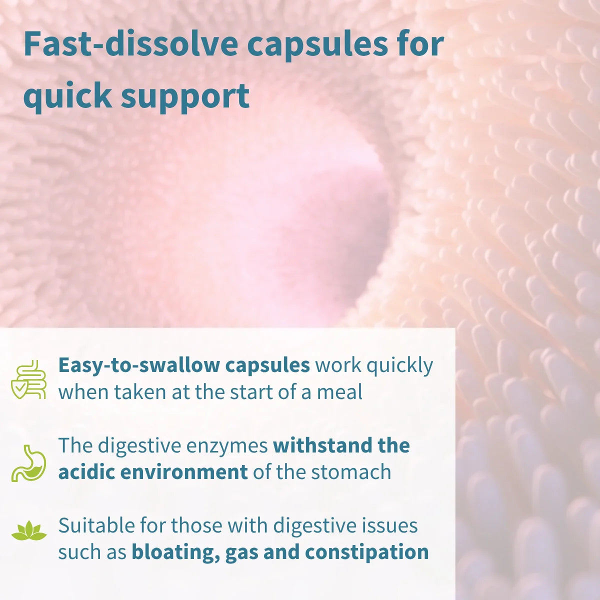 Fast-dissolve capsules with text about quick support and ease of use.