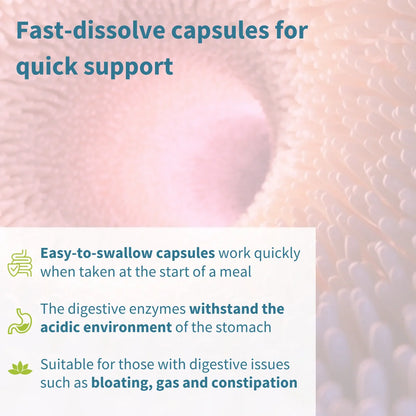 Fast-dissolve capsules with text about quick support and ease of use.