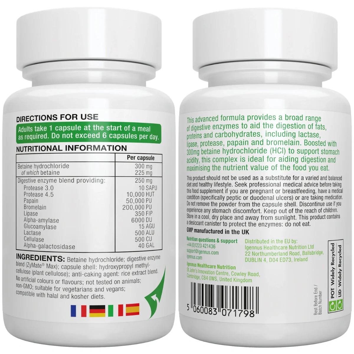 Two supplement bottles with labels showing directions for use, nutritional information, and ingredients.