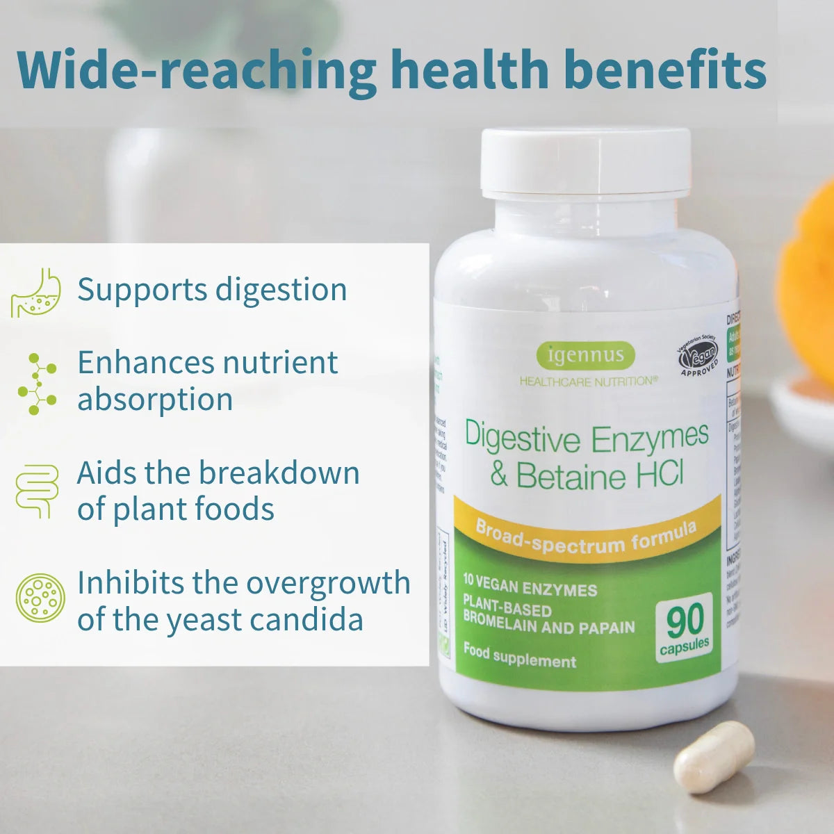 Bottle of digestive enzymes with text highlighting health benefits on a neutral background