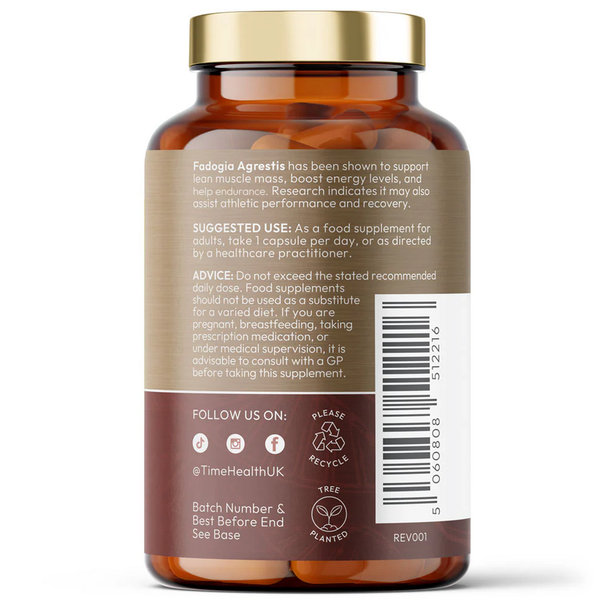 Back view of a supplement bottle with label and barcode on a white background