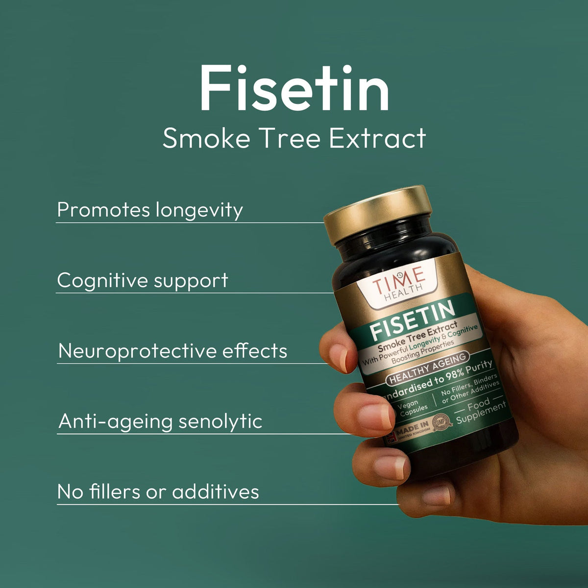 Bottle of Time Health Fisetin Smoke Tree Extract held by a hand with product details on a green background | Hover