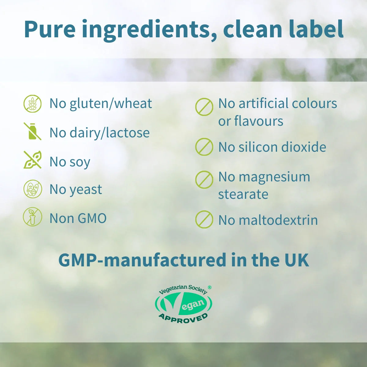 List of pure ingredients and manufacturing details on a green blurred background