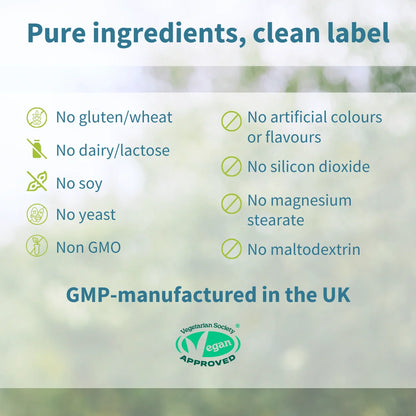 List of pure ingredients and manufacturing details on a green blurred background