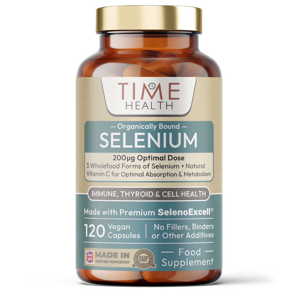 Bottle of Time Health Selenium supplements on a white background