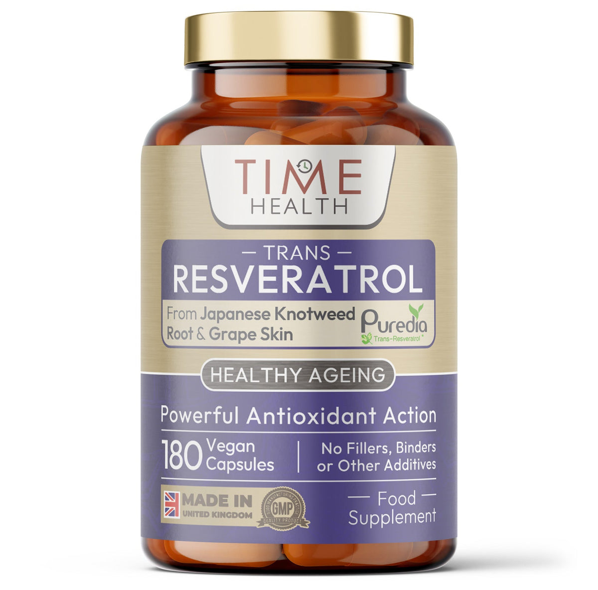 Trans Resveratrol - Premium Puredia - 180 Capsule Bottle - 3 Month Supply - Split Dosage for maximum benefits from Trans Resveratrol - UK Manufactured - Zero Additives Time Health