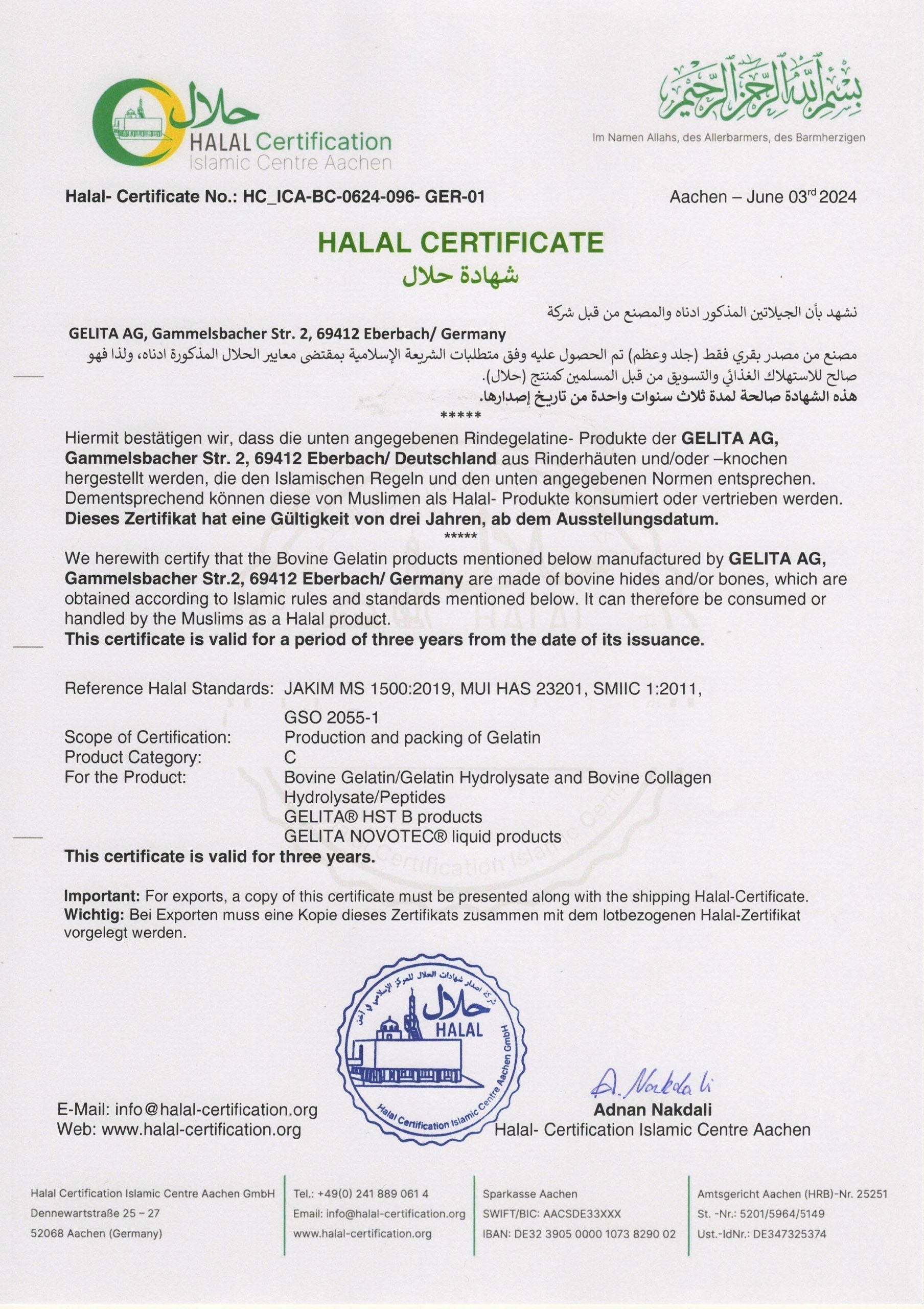 Halal certification document with text and logos on a white background