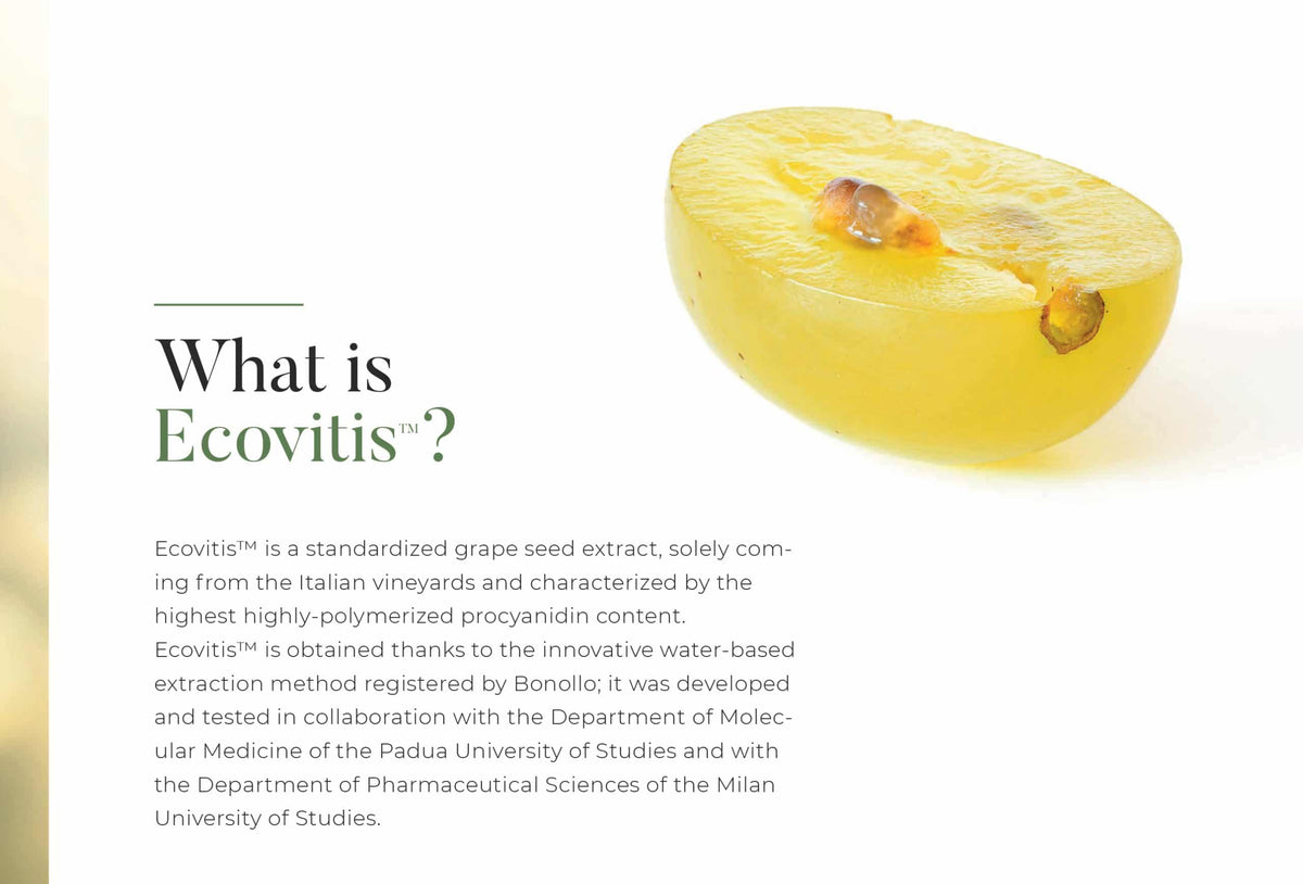 Half-cut grape seed extract with text explaining Ecovitis on a white background