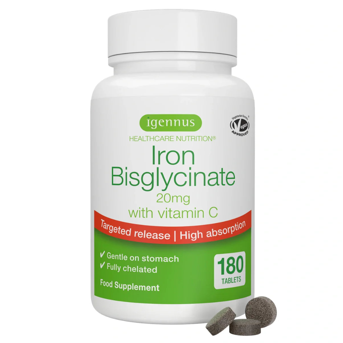 Iron Bisglycinate 20mg with Vitamin C, High Absorption & Gentle Iron, Targeted Release, One-a-day, Vegan, 180 Tablets