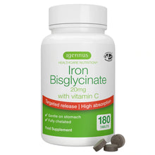 Iron Bisglycinate 20mg with Vitamin C, High Absorption & Gentle Iron, Targeted Release, One-a-day, Vegan, 180 Tablets