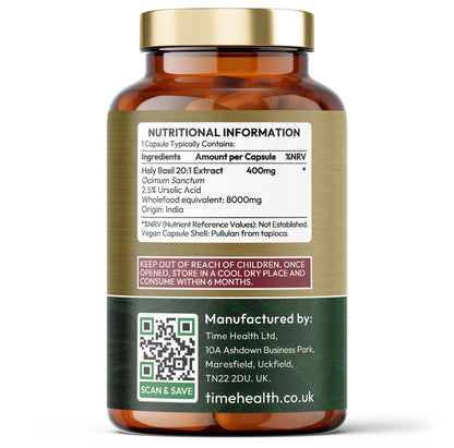 Holy Basil 20:1 (Ocimum Sanctum) 2.5% Ursolic Acid - Zero Additives 120 capsule Bottle Time Health