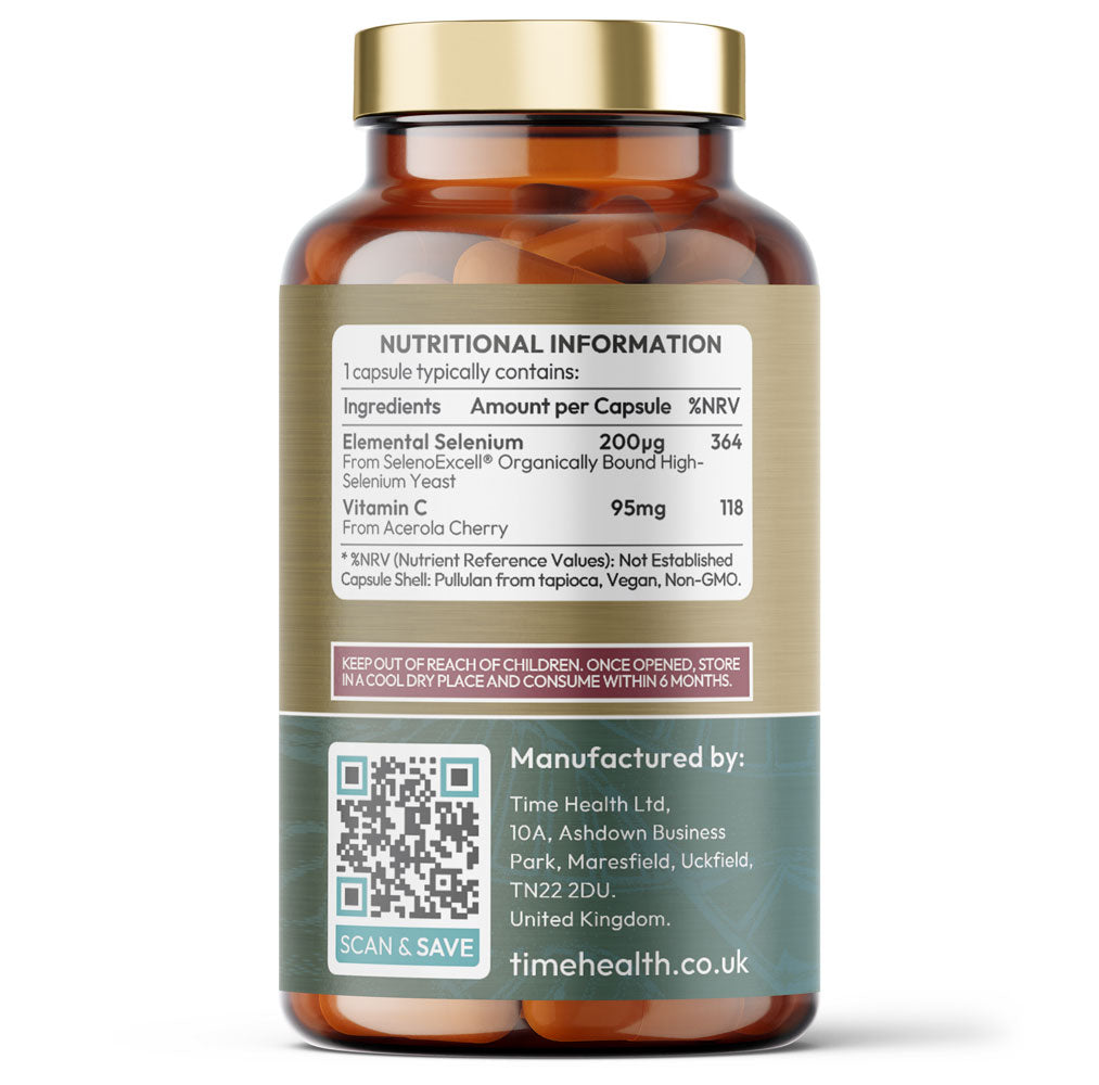 Bottle of Time Health Selenium supplements on a white background