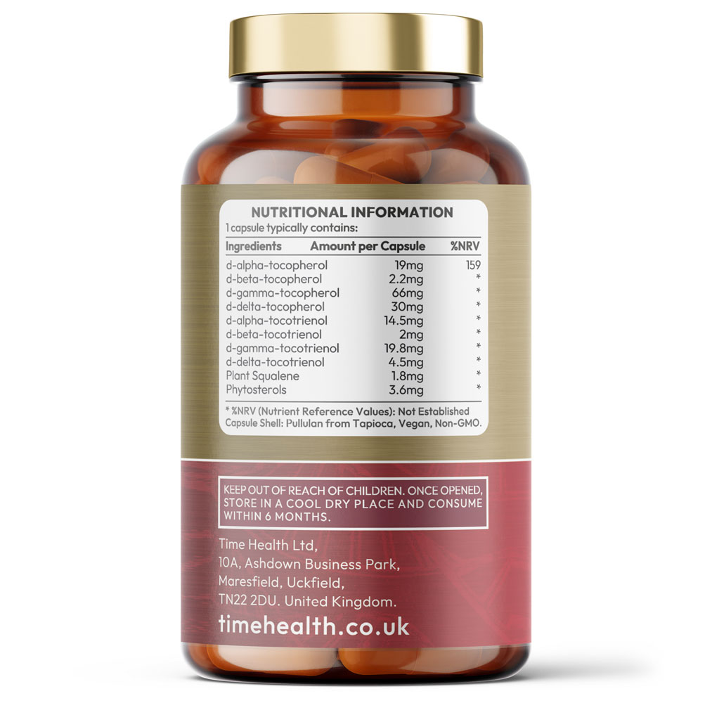 Vitamin E Complex Capsule Bottle - All 8 E Tocopherols & Tocotrienols - Plant-Based & Whole Food - Orangutan Friendly - Vegan - No Fillers, Binders or Flow Agents Time Health