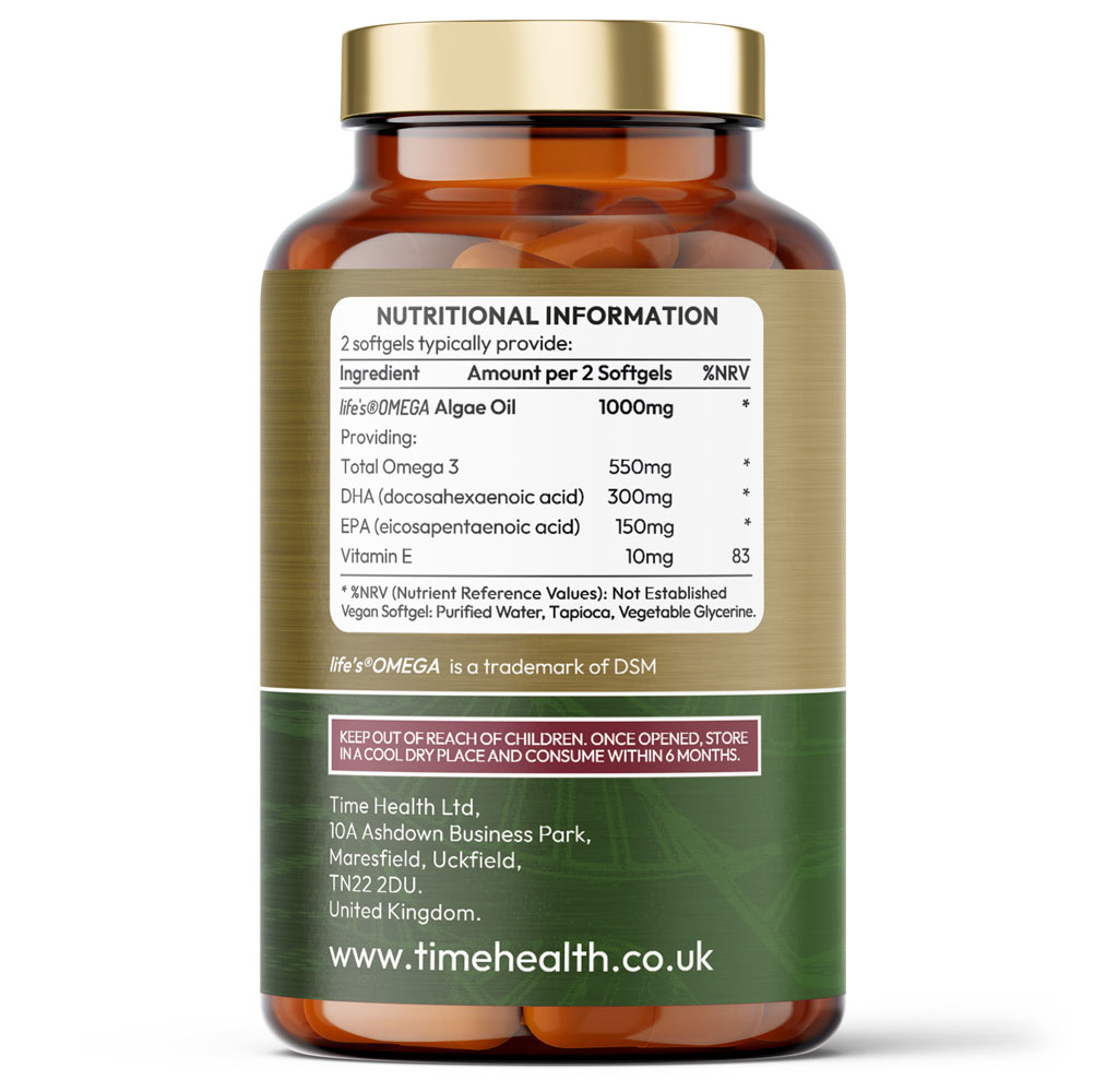 Vegan Omega 3 - EPA & DHA from Algae Oil - Carrageenan-Free - Sustainable Alternative to Fish Oil Time Health 120 Capsule Bottle