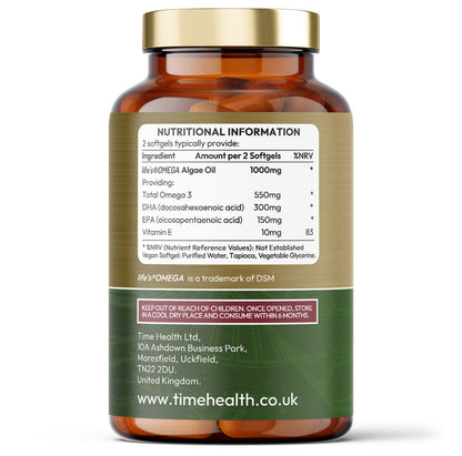 Vegan Omega 3 - EPA & DHA from Algae Oil - Carrageenan-Free - Sustainable Alternative to Fish Oil Time Health 120 Capsule Bottle
