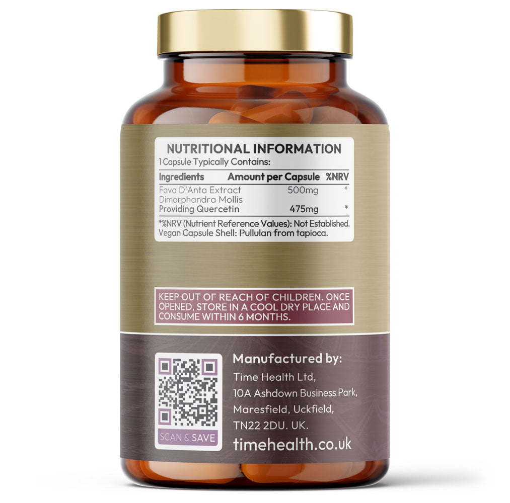 Bottle of Time Health's Quercetin, displaying it's nutritional information on a white background