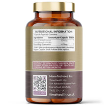 Bottle of Time Health's Quercetin, displaying it's nutritional information on a white background