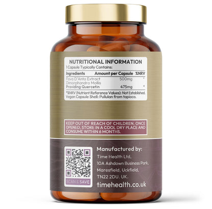 Bottle of Time Health's Quercetin, displaying it's nutritional information on a white background