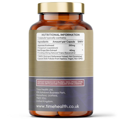 Trans Resveratrol - Premium Puredia - 180 Capsule Bottle - 3 Month Supply - Split Dosage for maximum benefits from Trans Resveratrol - UK Manufactured - Zero Additives Time Health