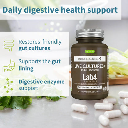 Lab4 Probiotics supplement bottle with digestive health benefits text on a light background