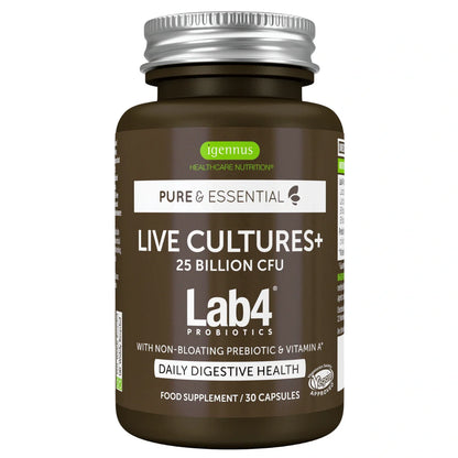 Brown supplement bottle with silver cap labeled 'Lab4 Probiotics' on a white background
