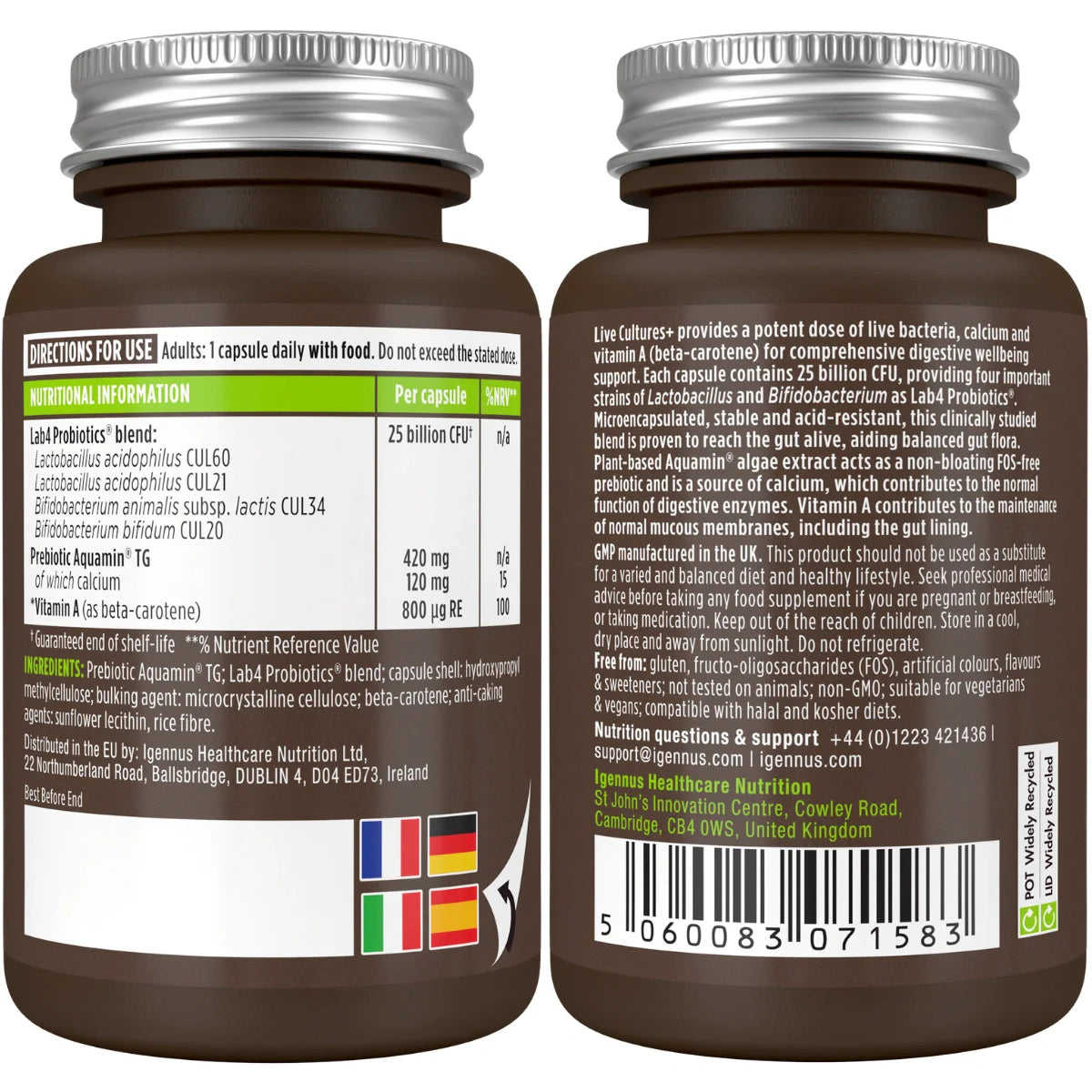 Two brown supplement bottles with labels on a white background
