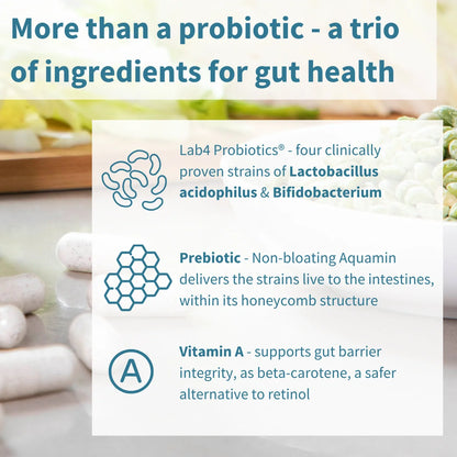 Product packaging with text about probiotics and gut health, featuring images of probiotic strains and honeycomb structure.