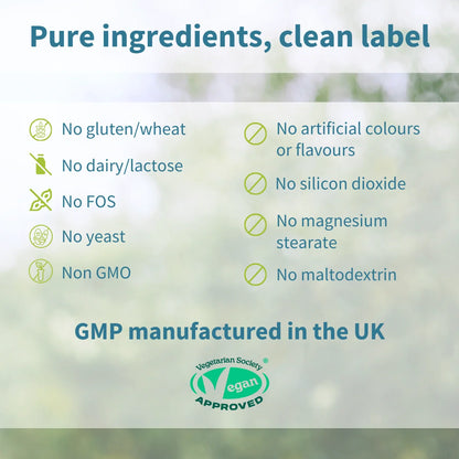 List of product ingredients with a focus on purity and certification, set against a blurred natural background.