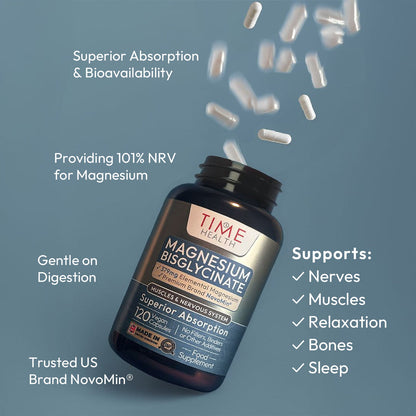 Magnesium Bisglycinate supports nerve health, bones, sleep, relaxation, muscles. Made with premium US brand NovoMin, gentle on Digestion, and provides 101% NRV of Magnesium | Hover