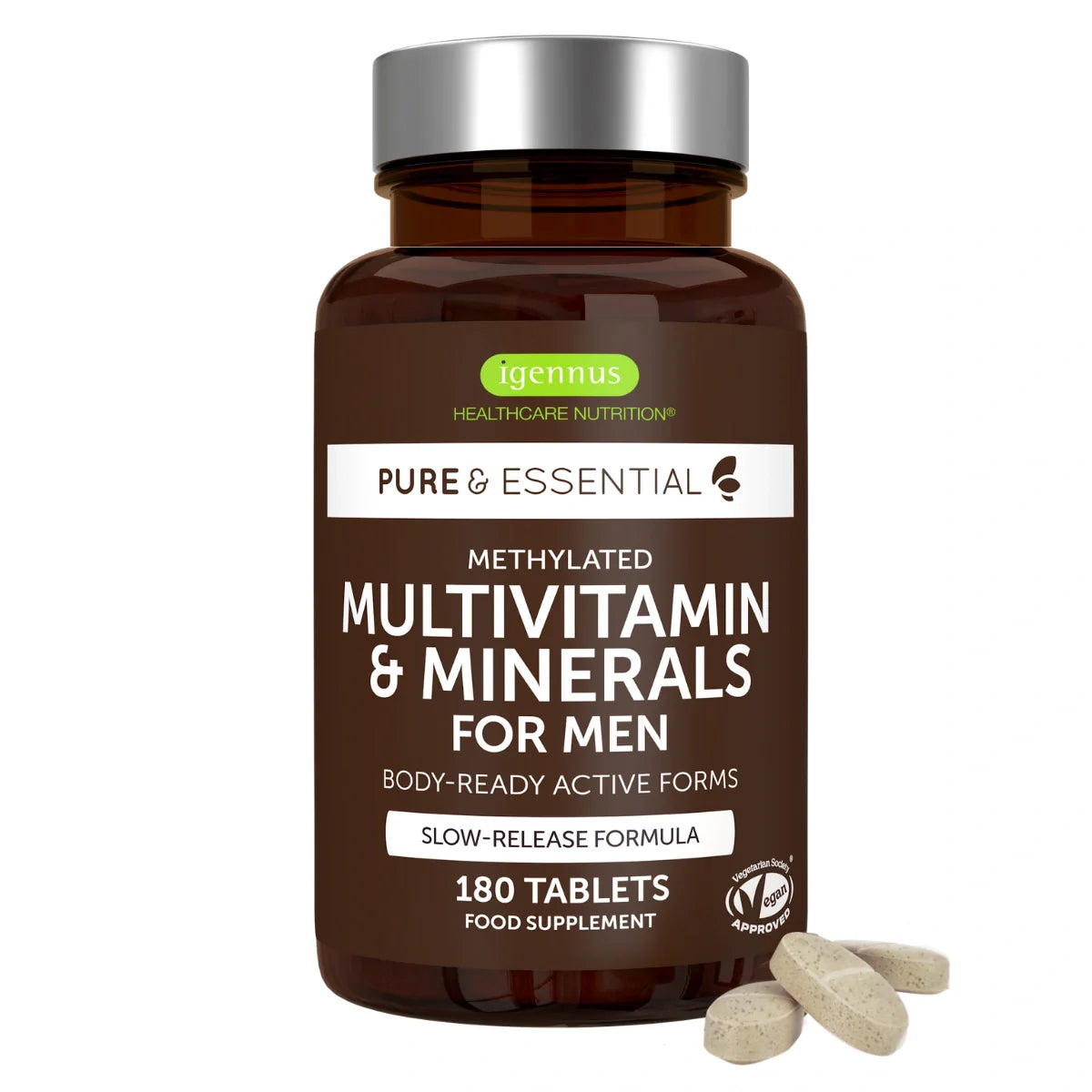 Multivitamin and minerals supplement bottle with label on a white background