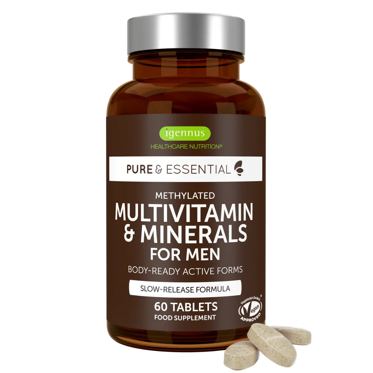 Bottle of igennus Pure & Essential Multivitamin & Minerals for Men on a white background
