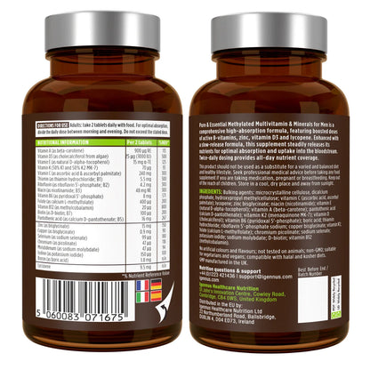 Two brown supplement bottles with labels on a white background