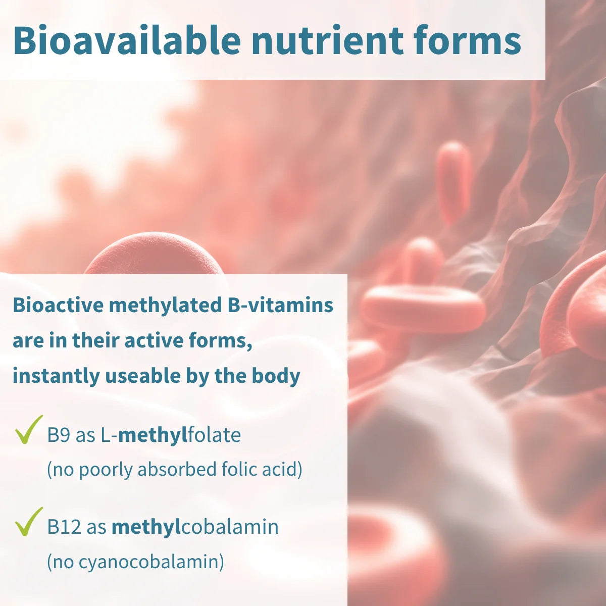 Bioavailable nutrient forms text overlay with a blurred background of red and pink shapes