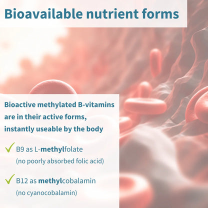 Bioavailable nutrient forms text overlay with a blurred background of red and pink shapes