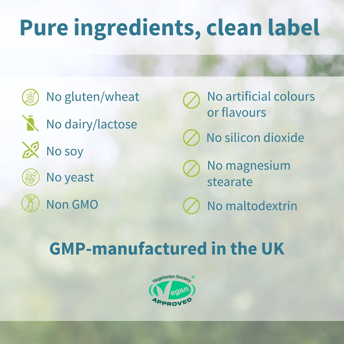 List of product ingredients with a green background and 'Vegan Approved' logo.