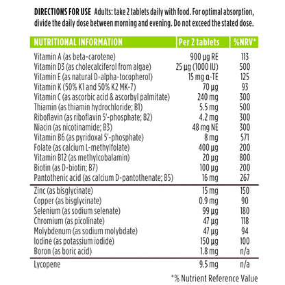Nutritional information label for a dietary supplement with detailed vitamin and mineral content per 2 tablets.