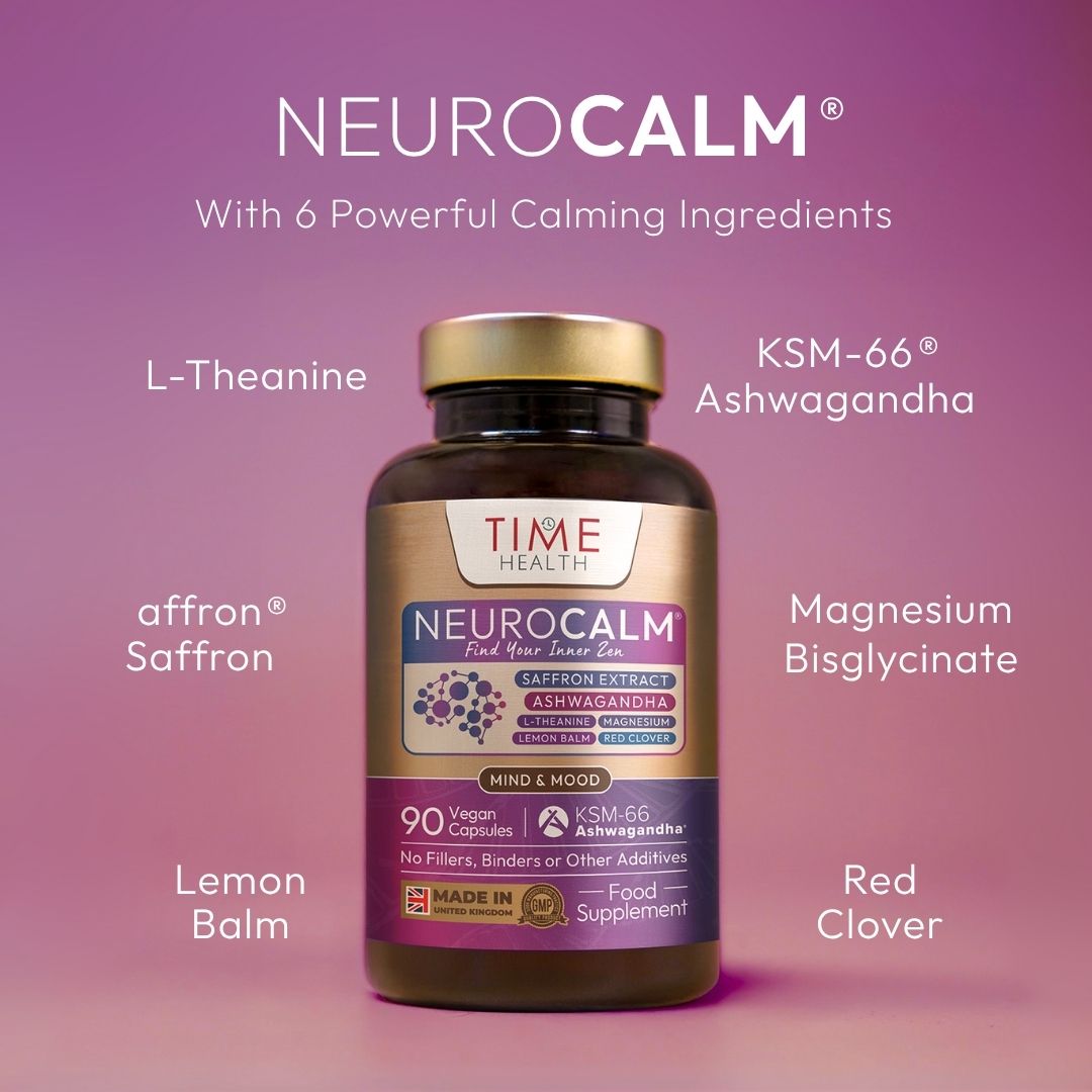 Product image of Time Health NeuroCalm® supplement bottle on a purple gradient background. Text highlights its six calming ingredients: KSM-66® Ashwagandha, affron® Saffron, L-Theanine, Magnesium Bisglycinate, Lemon Balm, and Red Clover. The bottle label states "Find Your Inner Zen" and includes benefits for mind and mood, with no fillers, binders, or additives. Marked as a vegan food supplement made in the UK. | Hover